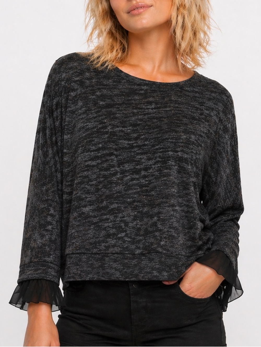 Zara Dark Gray Heathered Long Sleeve Top with Sheer Ruffle Cuffs